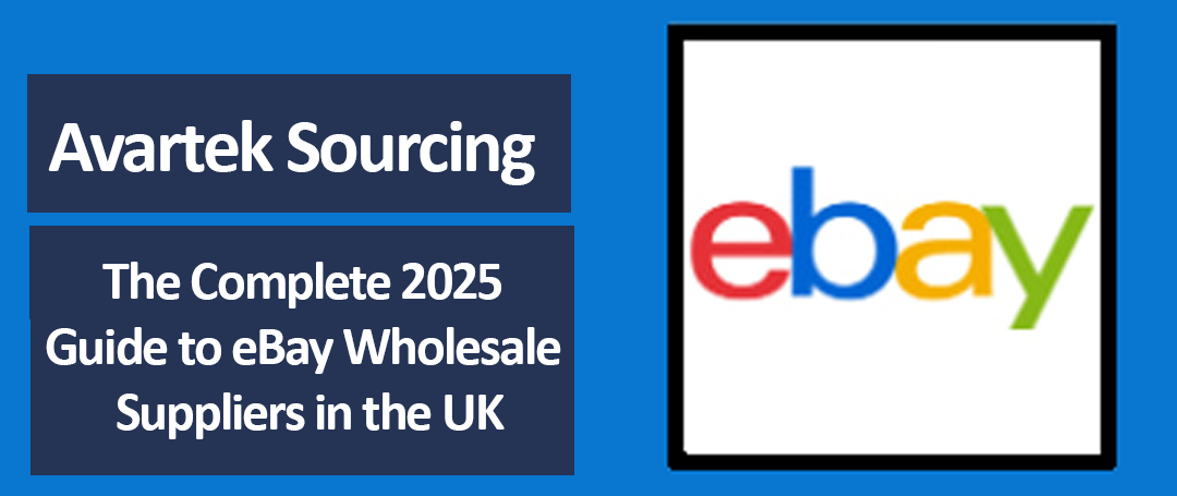 Graphic representing the complete 2025 guide to eBay wholesale suppliers in the UK, featuring British suppliers, shipping icons, and eCommerce visuals.