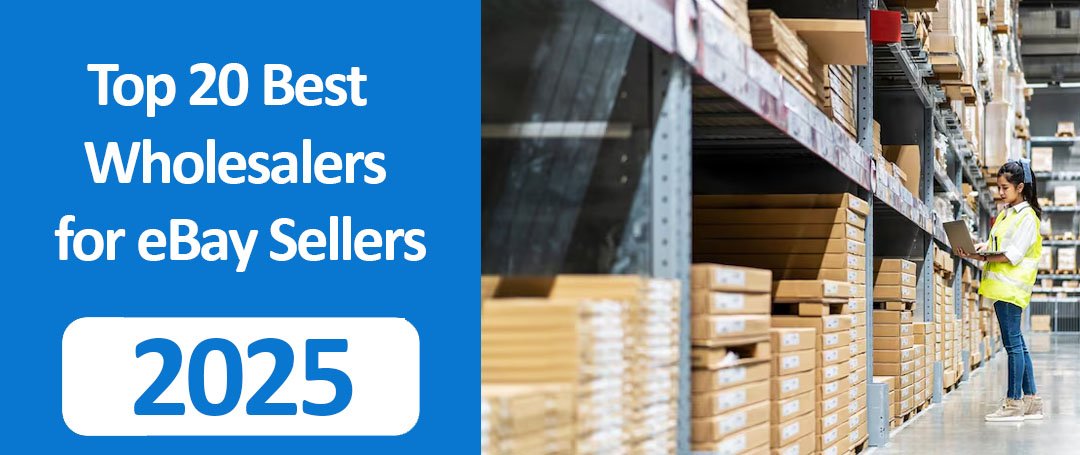 raphic highlighting the top 20 best wholesalers for eBay sellers, featuring supplier icons, delivery boxes, and eCommerce sourcing visuals