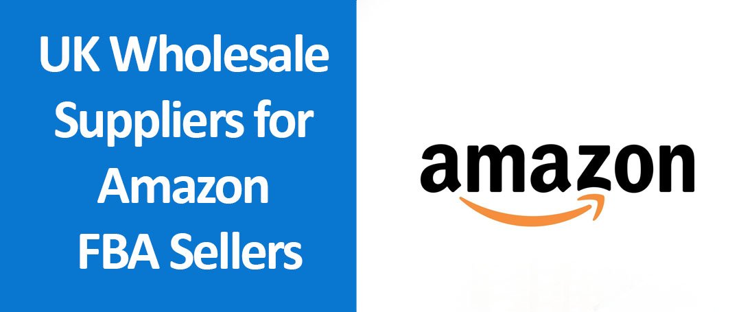 Graphic showing UK wholesale suppliers for Amazon FBA sellers, featuring British icons, warehouses, and Amazon FBA logistics visuals.