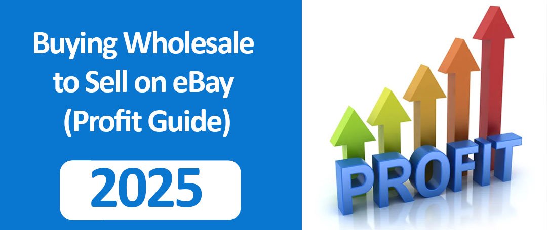 Illustration showing buying wholesale products to sell on eBay, including profit charts, bulk boxes, and eCommerce sourcing icons.