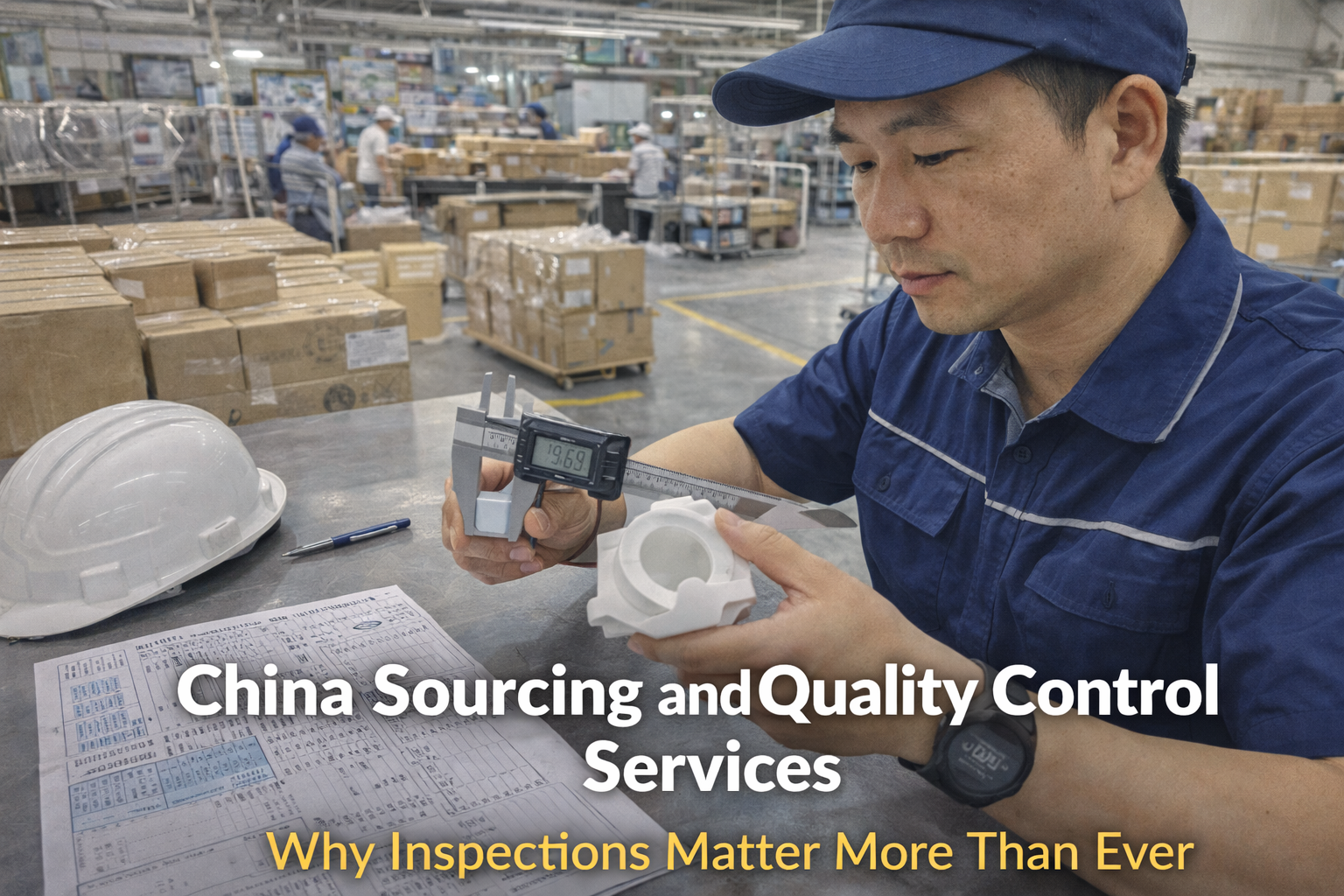 Quality control inspector checking product measurements and packaging before shipment in China