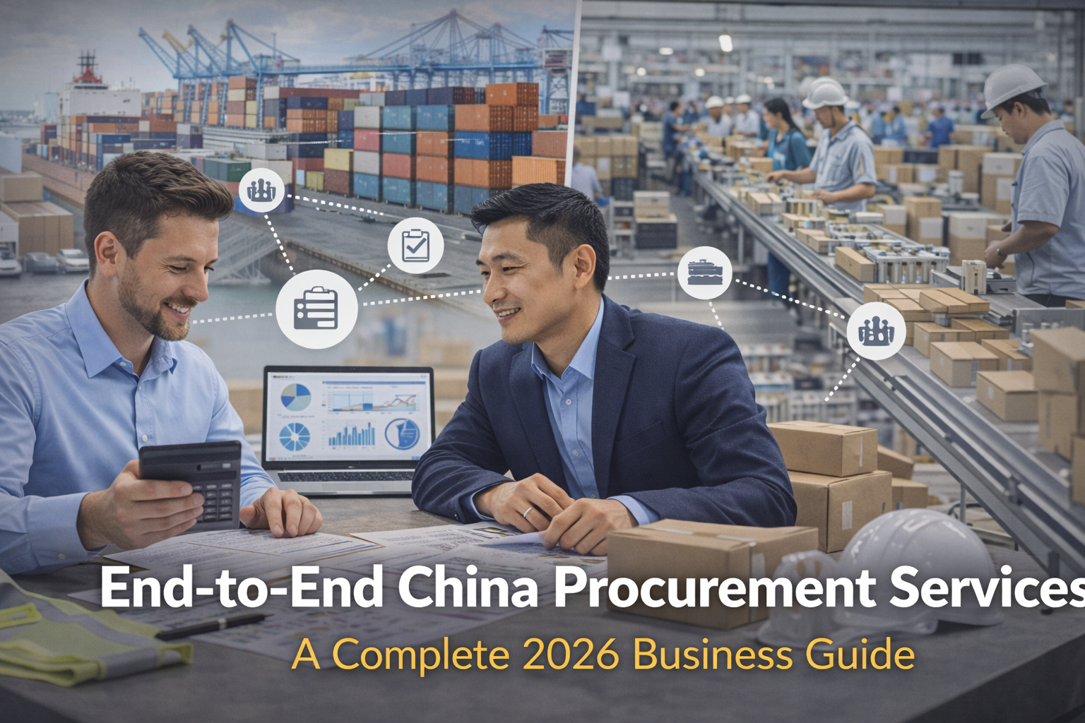 End-to-end procurement workflow showing supplier vetting, negotiation, production milestones and inspections