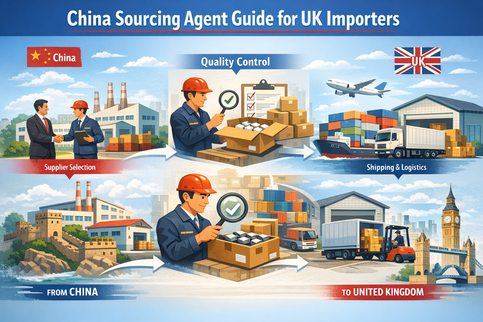 Sourcing process explained showing supplier search, factory verification, sampling, production monitoring, quality inspection and shipment approval from China to the UK