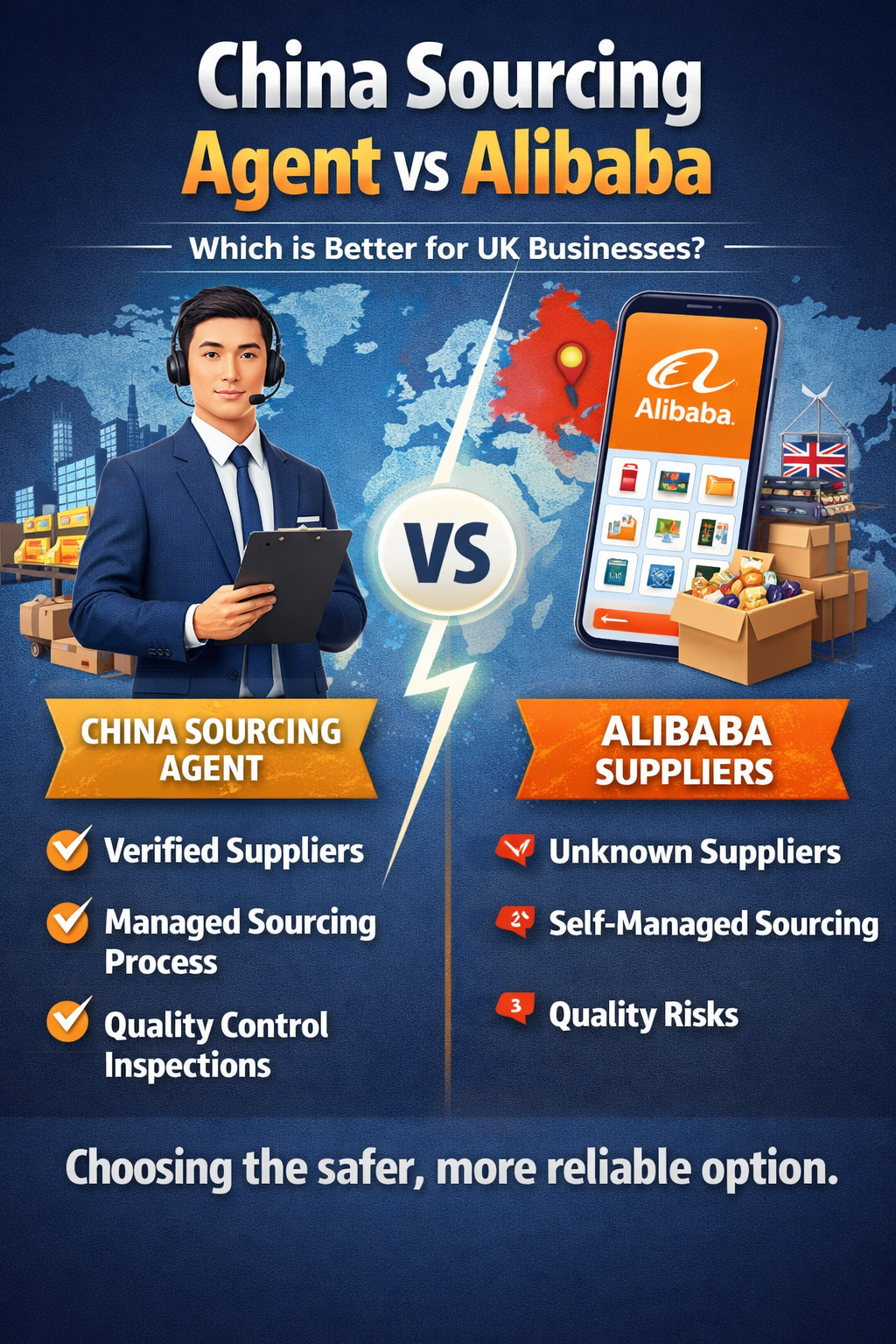 China sourcing agent vs Alibaba comparison showing supplier verification, quality control, and sourcing risks for UK importers