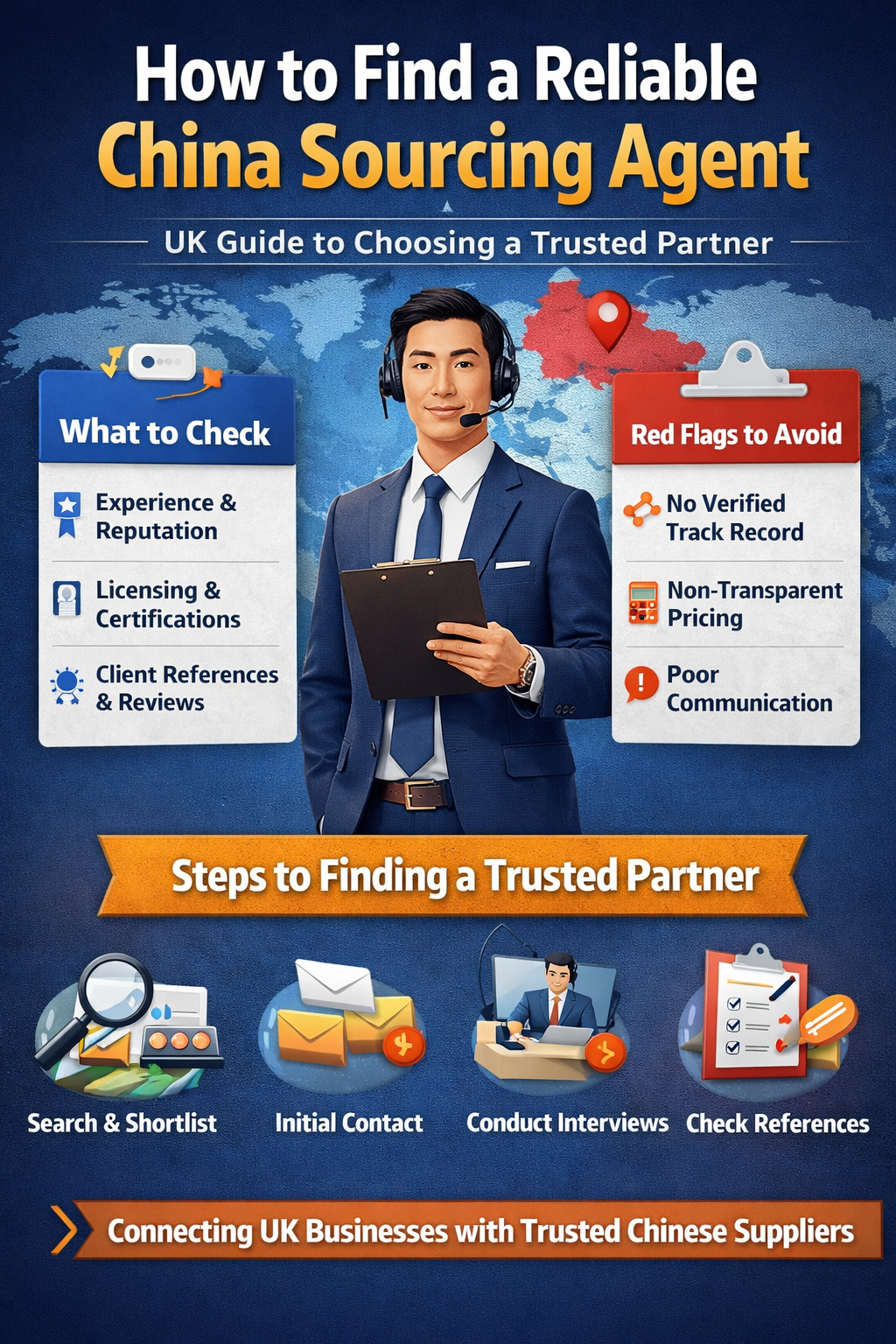 How to find a reliable China sourcing agent showing verification steps, red flags to avoid, and supplier selection process for UK importers