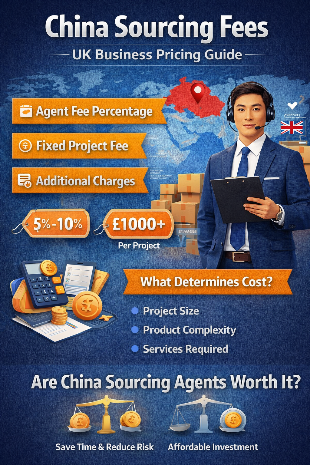 China sourcing agent cost breakdown showing pricing models, percentage fees, fixed costs, and value for UK importers