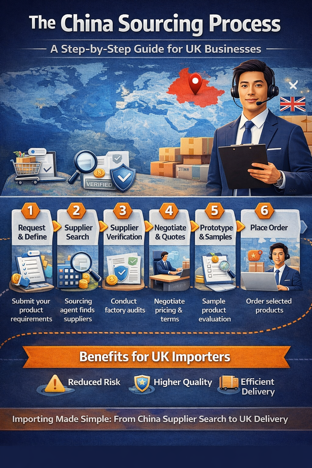 China sourcing process diagram showing supplier search, verification, sampling, production, quality control and shipping to the UK