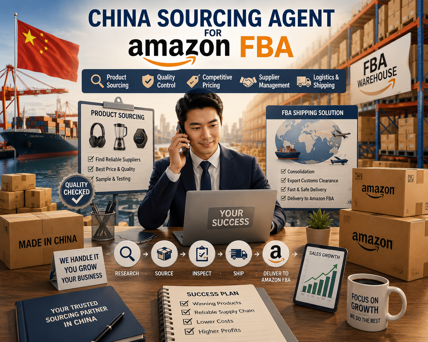 China sourcing agent for Amazon FBA managing supplier selection, product inspection, and shipping logistics between Chinese factories and UK Amazon sellers