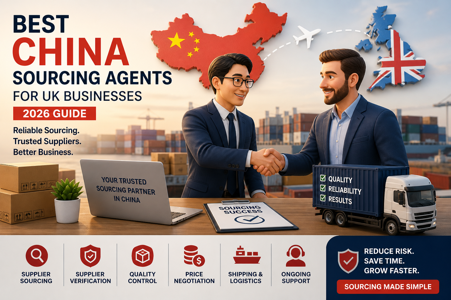 china sourcing agent handshake between China and UK business showing supplier sourcing, quality control, and shipping logistics
