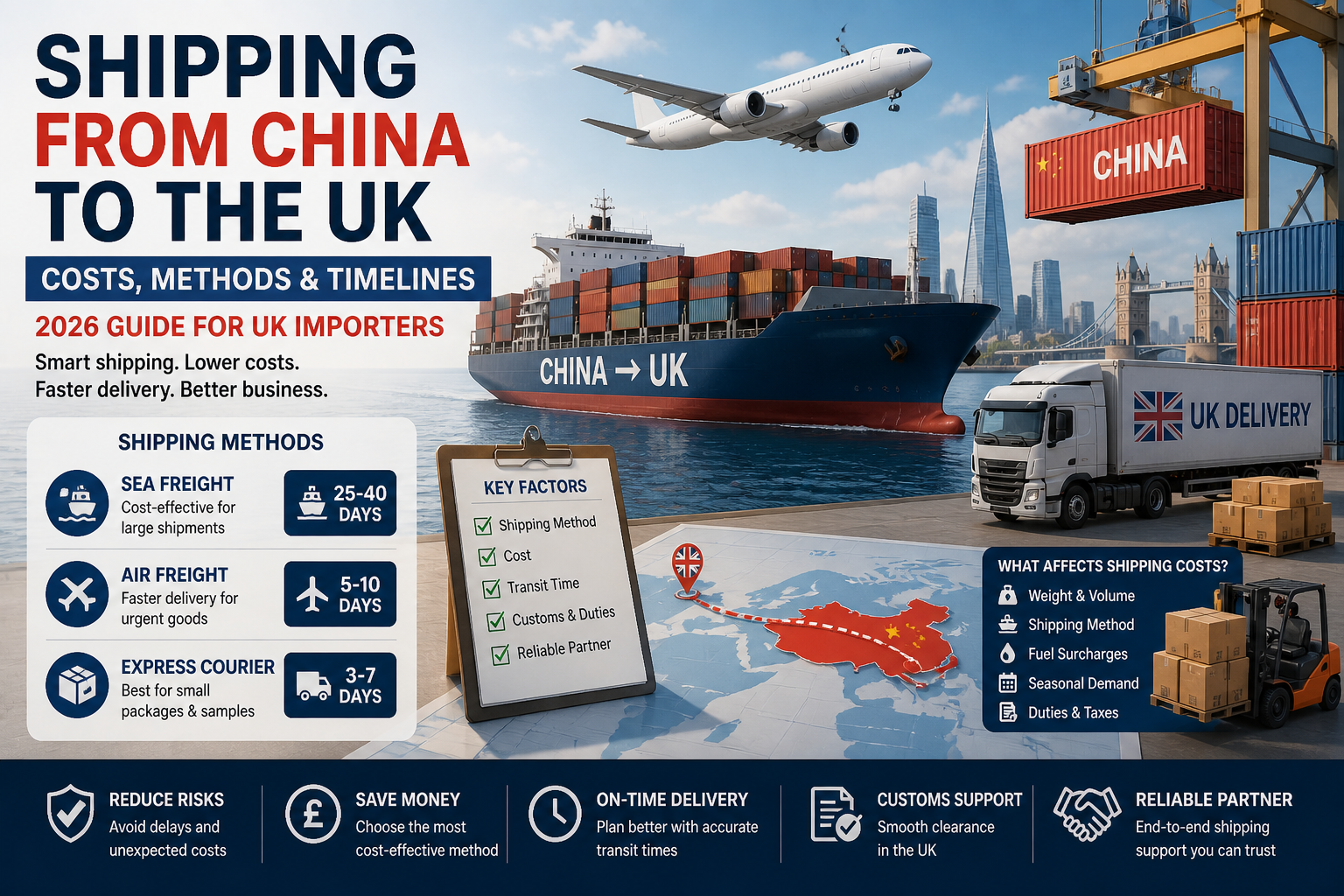 shipping from China to UK showing cargo ship, air freight, and delivery logistics for UK importers
