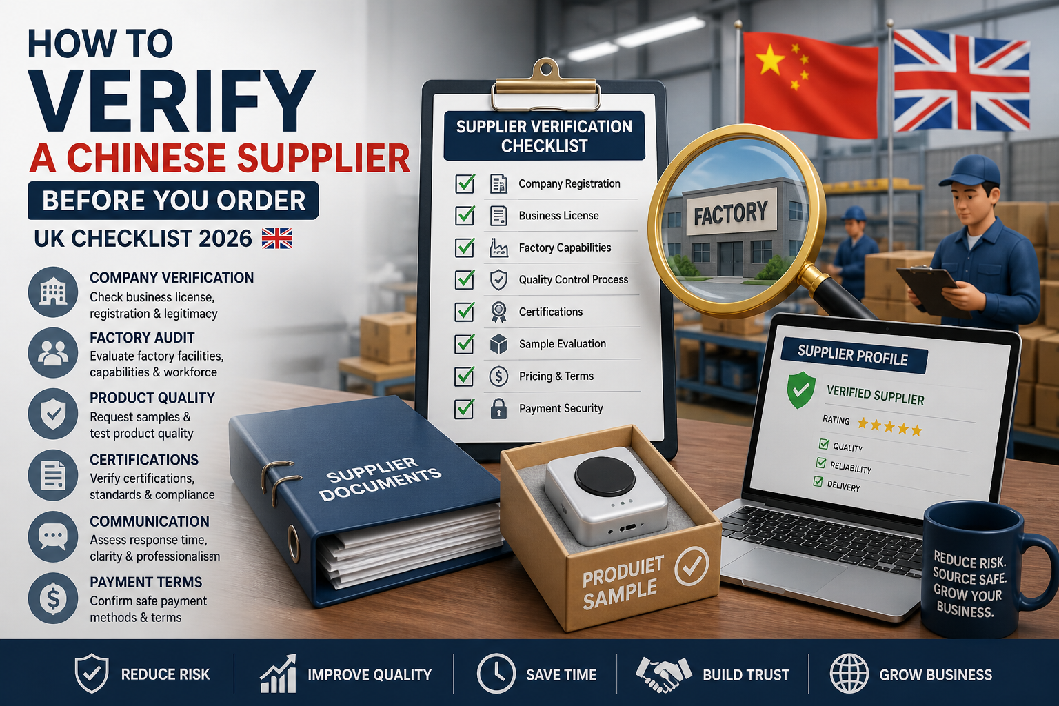 verify Chinese supplier checklist showing factory audit, supplier verification, product sampling, and quality control for UK importers
