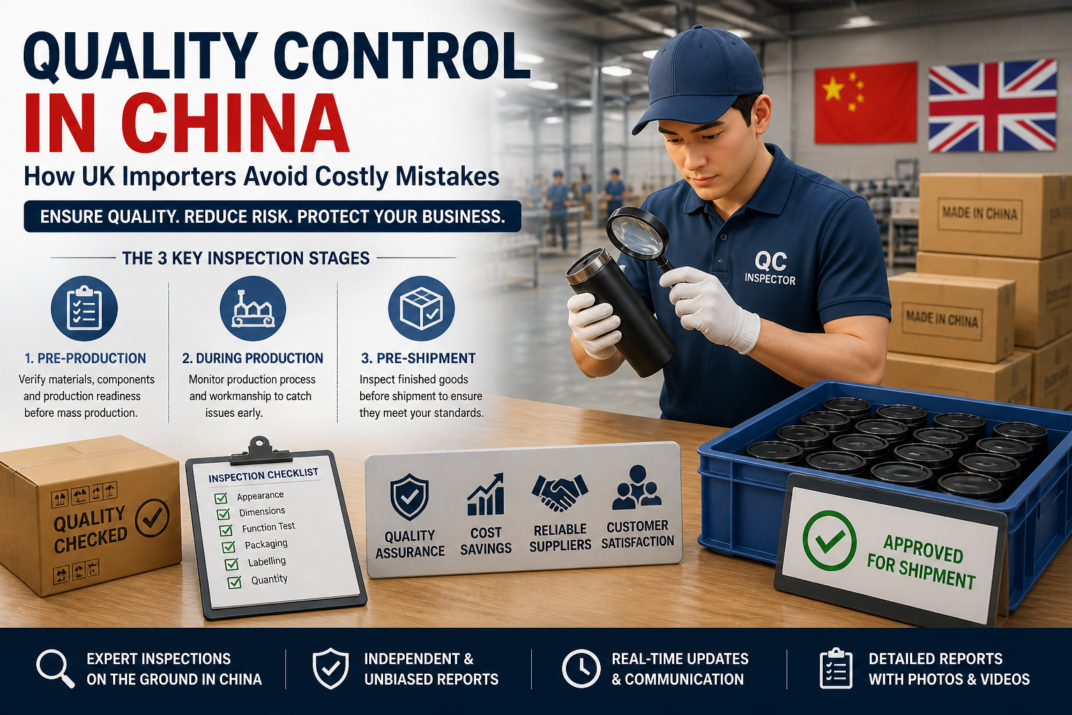 quality control inspection in China factory showing product checks, defect inspection, and quality assurance for UK importers