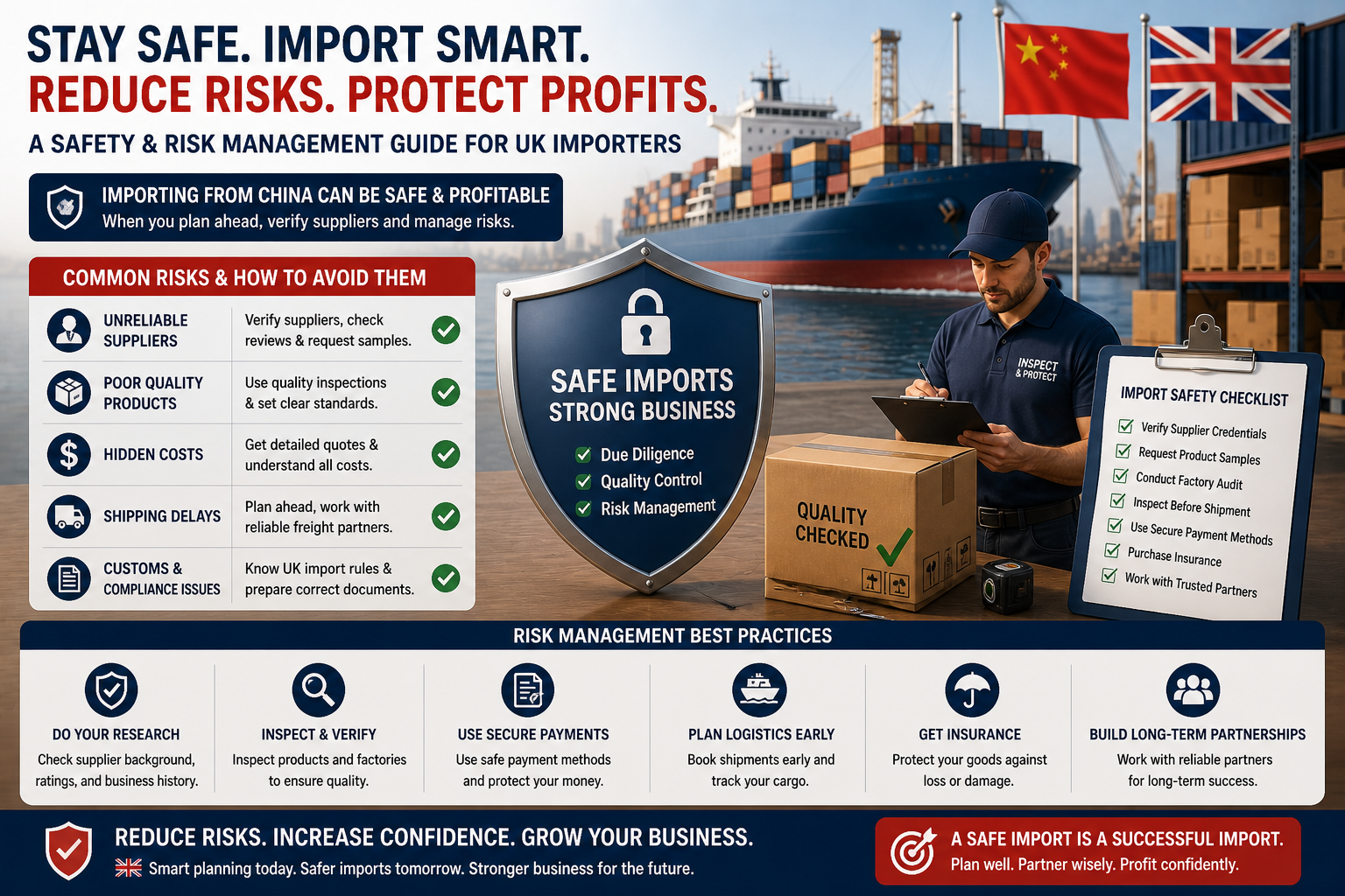 importing from China safety showing risk management, supplier verification, and quality control for UK businesses