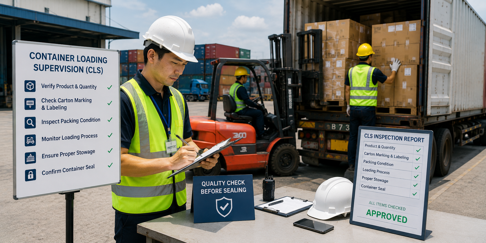 Container Loading Supervision (CLS) inspector monitoring export container loading operations, verifying carton quantities, packaging quality, pallet loading procedures, and container sealing before international shipment.