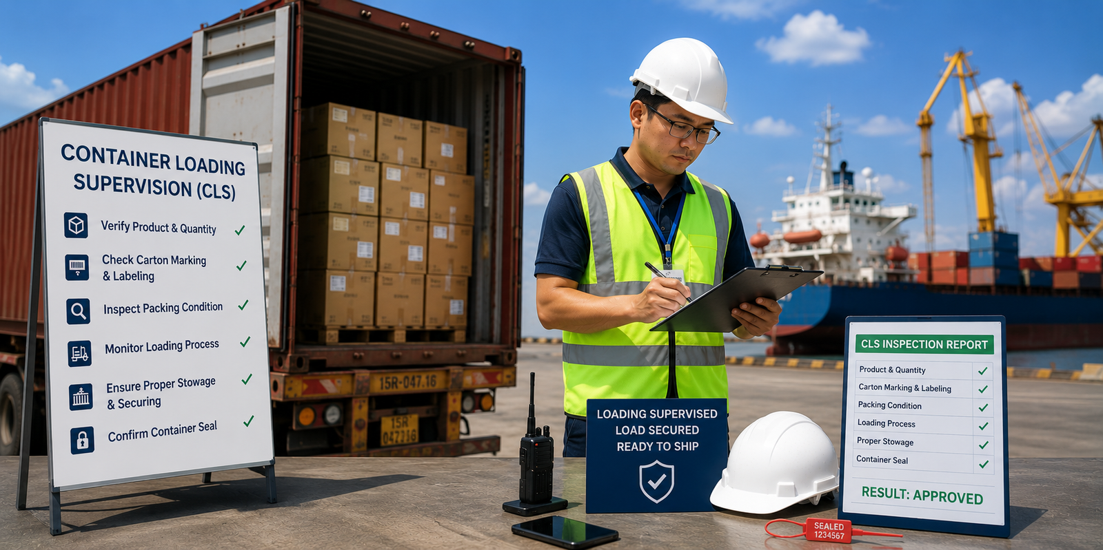 Container Loading Supervision (CLS) inspection at an export logistics facility, with an inspector verifying cargo loading procedures, packaging quality, carton quantities, and container security before international shipment.
