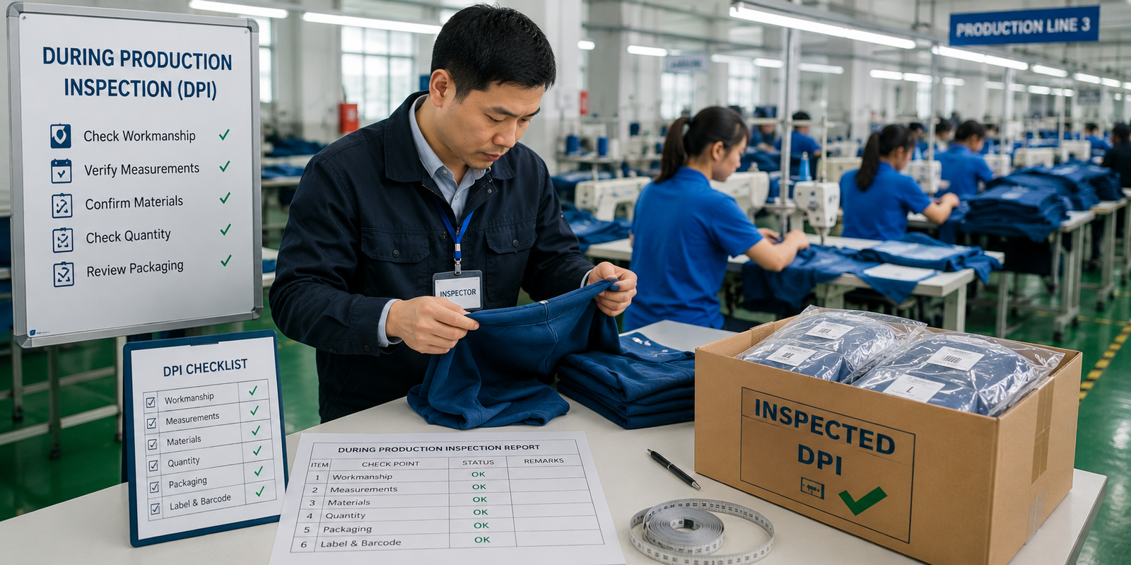 During Production Inspection (DPI) being carried out on a manufacturing production line, with quality inspectors checking products, monitoring production processes, and verifying quality standards to ensure compliance before shipment.