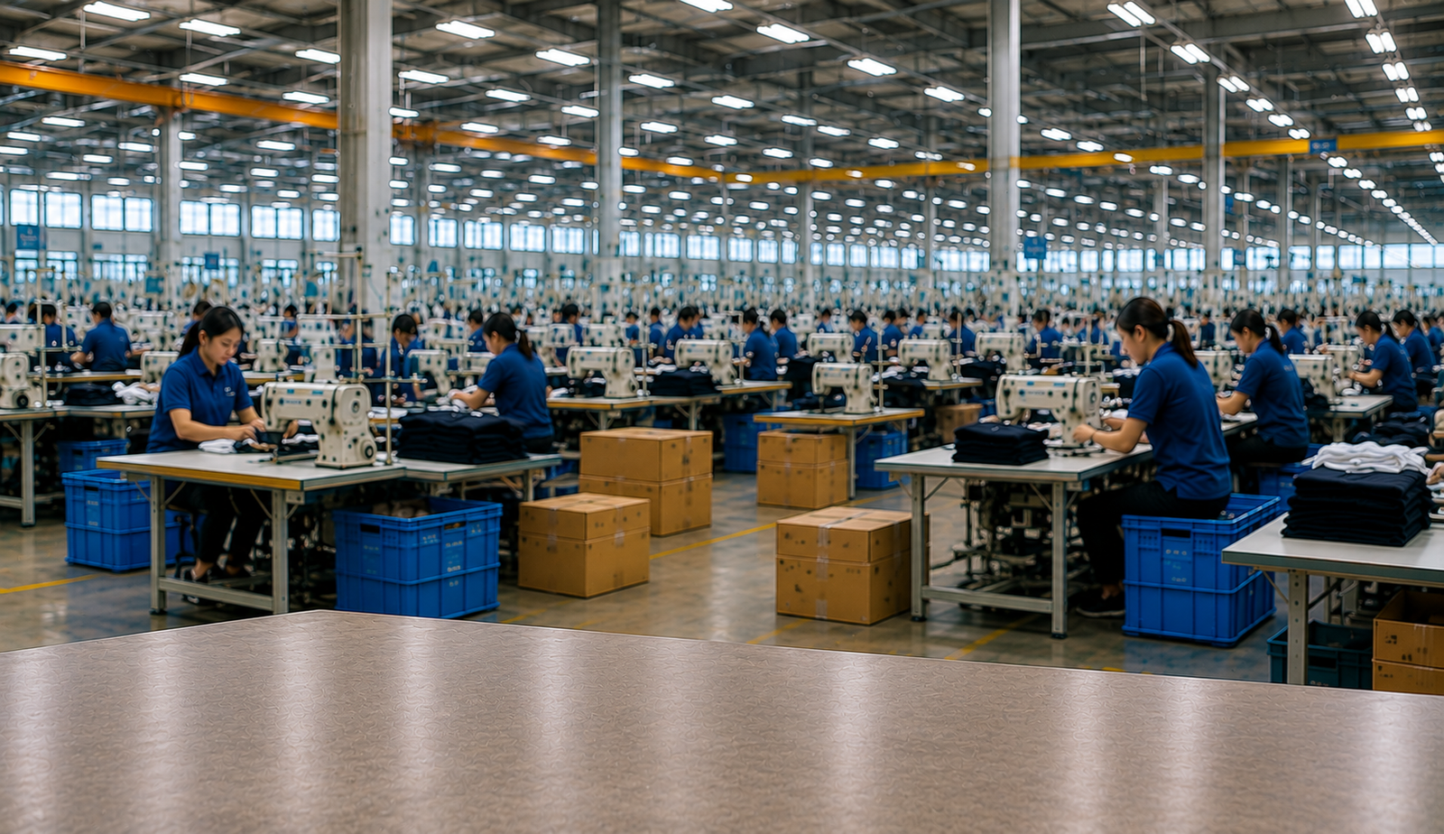 Modern garment manufacturing factory with production lines, sewing machines, skilled workers, and quality-controlled manufacturing processes operating in a large industrial facility.