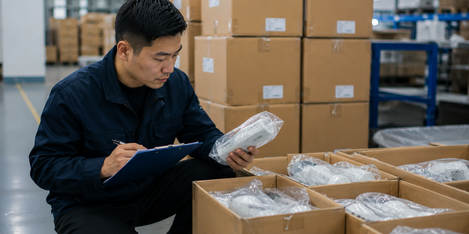 Quality control inspector conducting a pre-shipment inspection on packaged products in a warehouse, checking product specifications, packaging quality, and order accuracy before export.