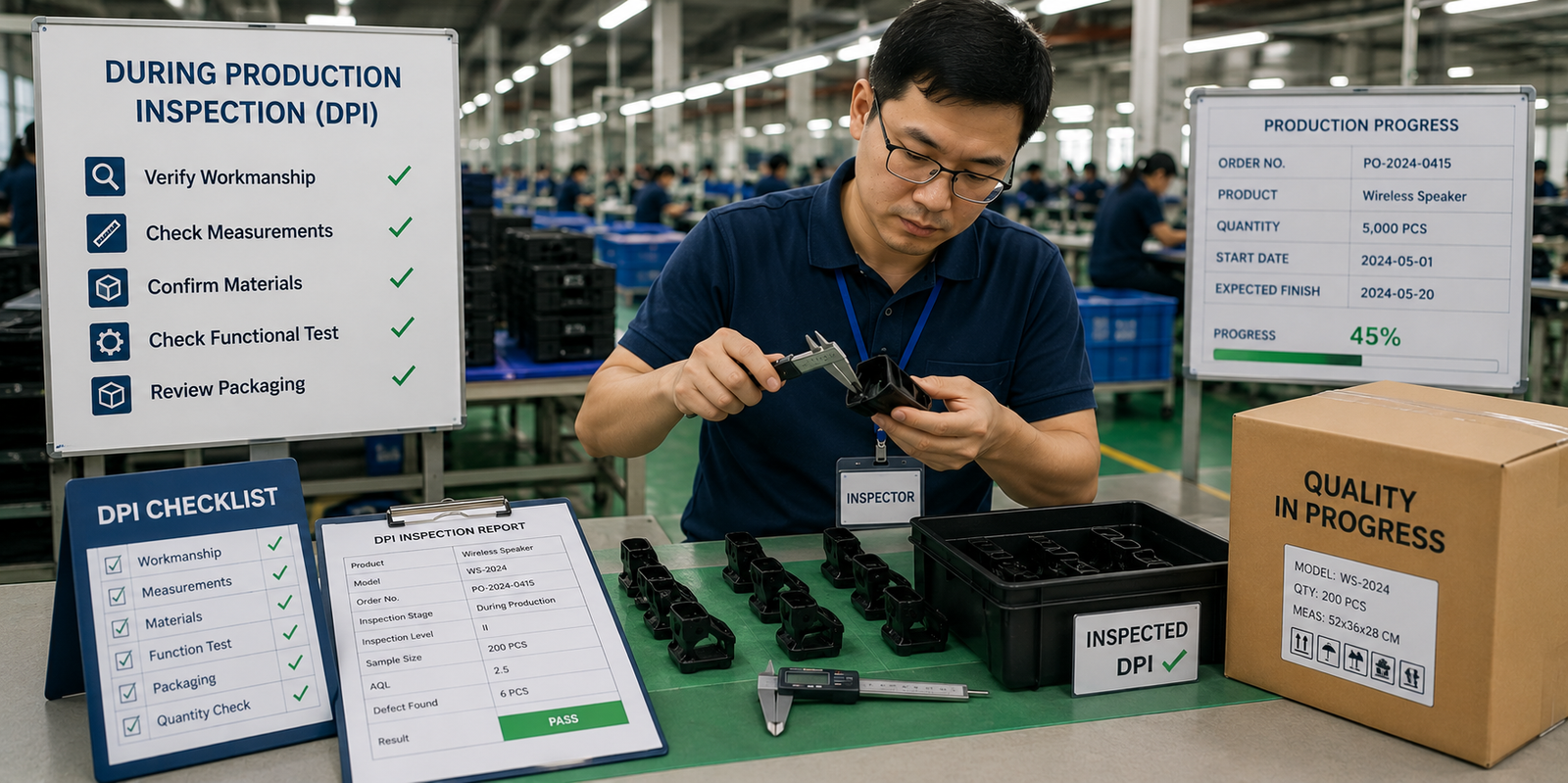 During Production Inspection (DPI) inspector conducting in-process quality checks on manufactured products, verifying workmanship, product specifications, defect rates, packaging standards, and production consistency during factory manufacturing.