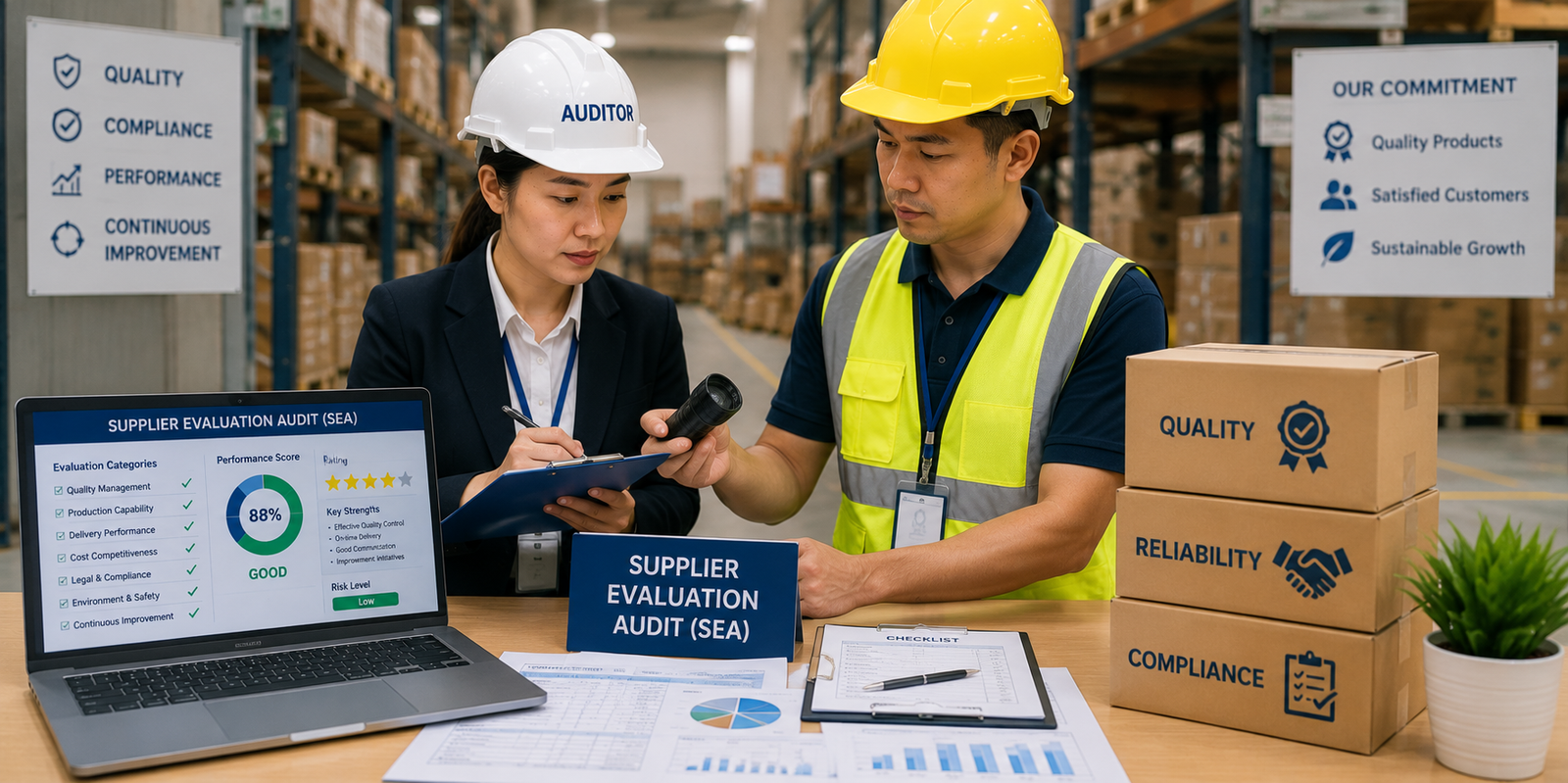 Supplier Evaluation Audit (SEA) professionals reviewing supplier assessment reports, factory performance data, compliance records, and quality management systems to verify supplier reliability and manufacturing capabilities.