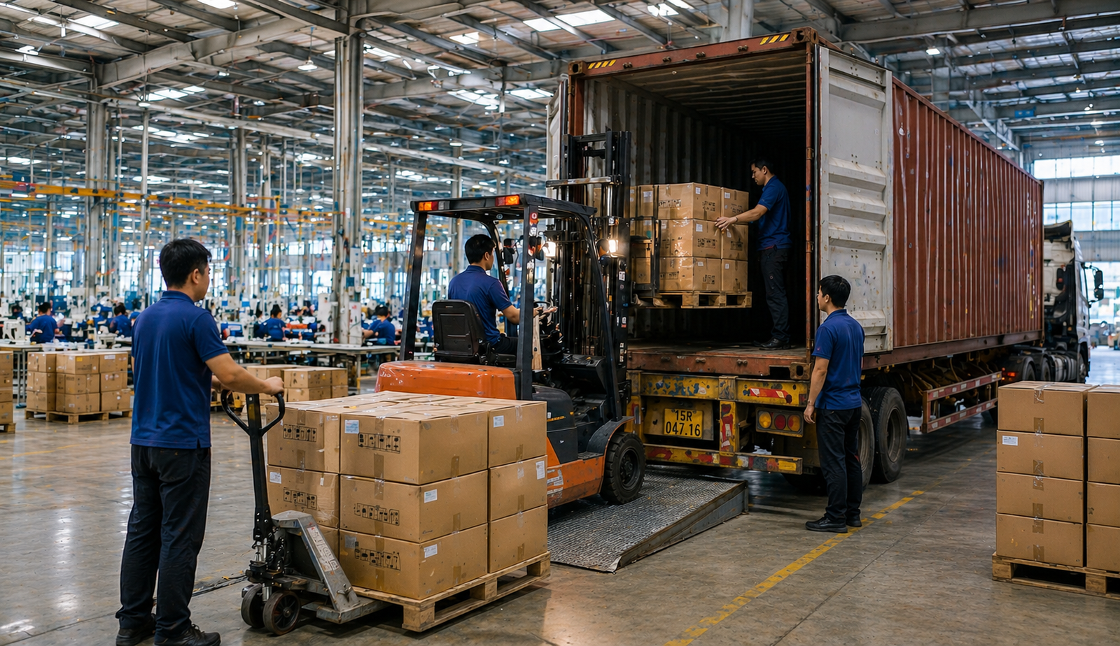 Container Loading Supervision (CLS) in progress at a manufacturing facility with workers loading palletised cartons into an export shipping container using forklifts and warehouse handling equipment.