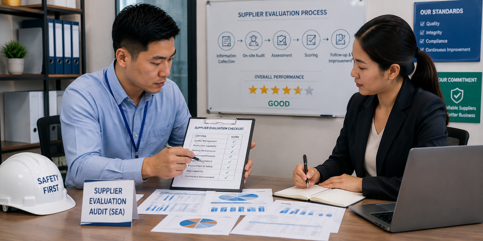 Supplier Evaluation Audit (SEA) meeting in progress, assessing supplier quality management systems, factory capabilities, compliance standards, production performance, and supply chain reliability before sourcing products.