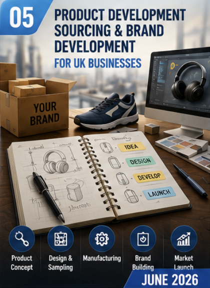 Product development and brand development process showing product design, manufacturing, packaging, and brand creation for UK businesses.