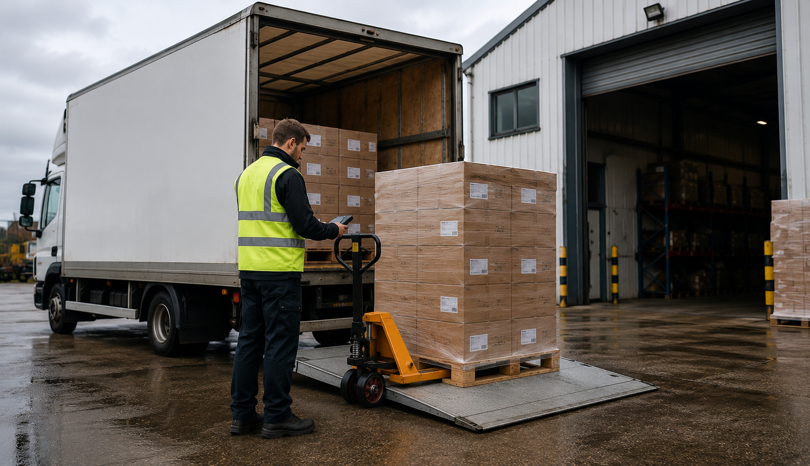 UK pallet courier delivering palletised goods to a warehouse loading bay, with a delivery vehicle unloading stock using a pallet truck for commercial distribution and logistics operations.