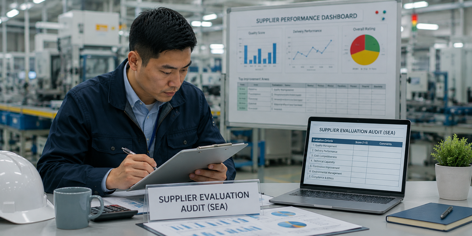 Supplier Evaluation Audit (SEA) being conducted in a manufacturing facility, with a quality auditor reviewing supplier performance, compliance records, quality management systems, and operational processes to ensure supply chain reliability and product quality standards.