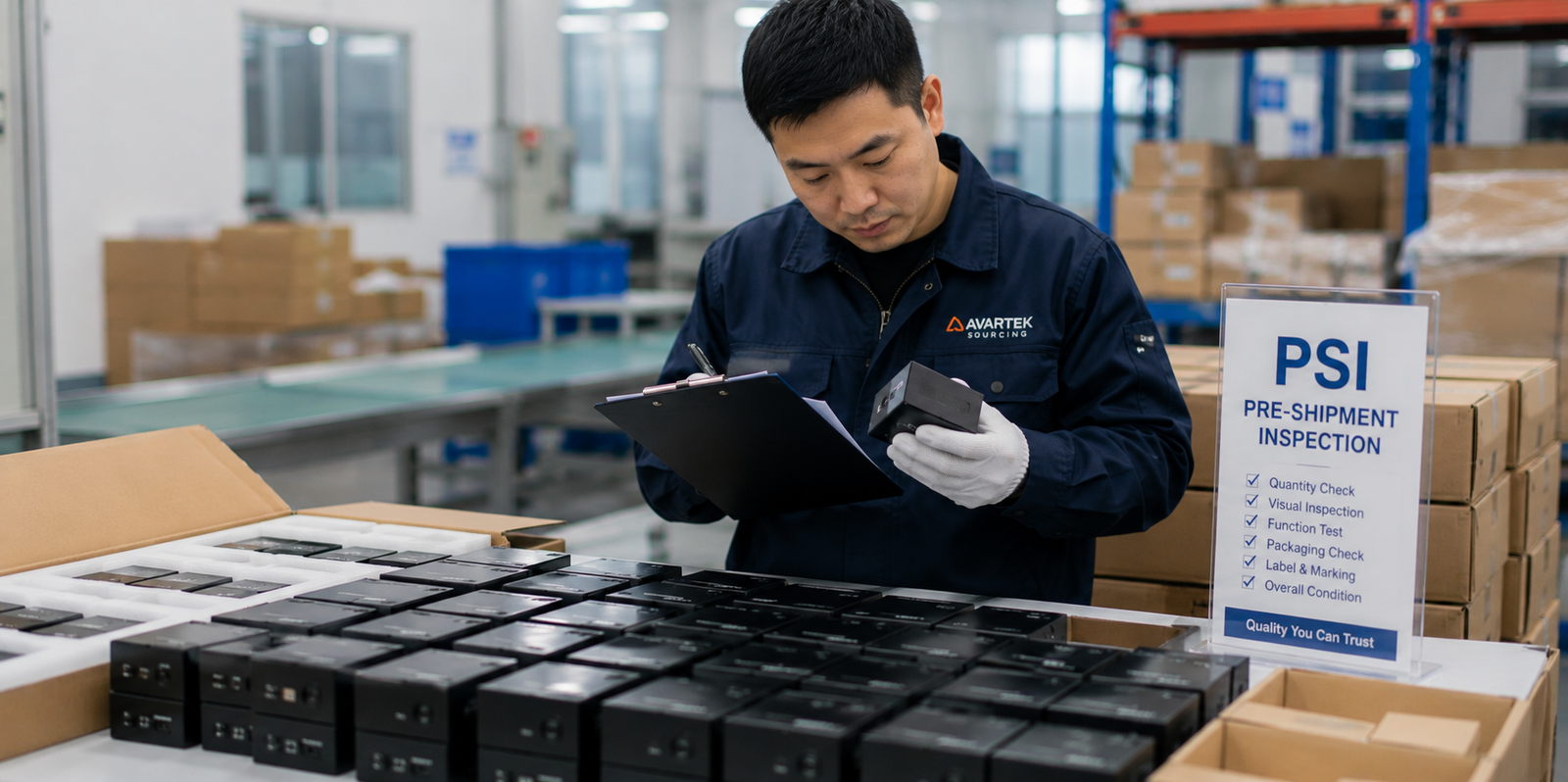 Quality control inspector conducting a pre-shipment inspection on electronic products in a factory, verifying product quality, packaging, labelling, and order accuracy before shipment.