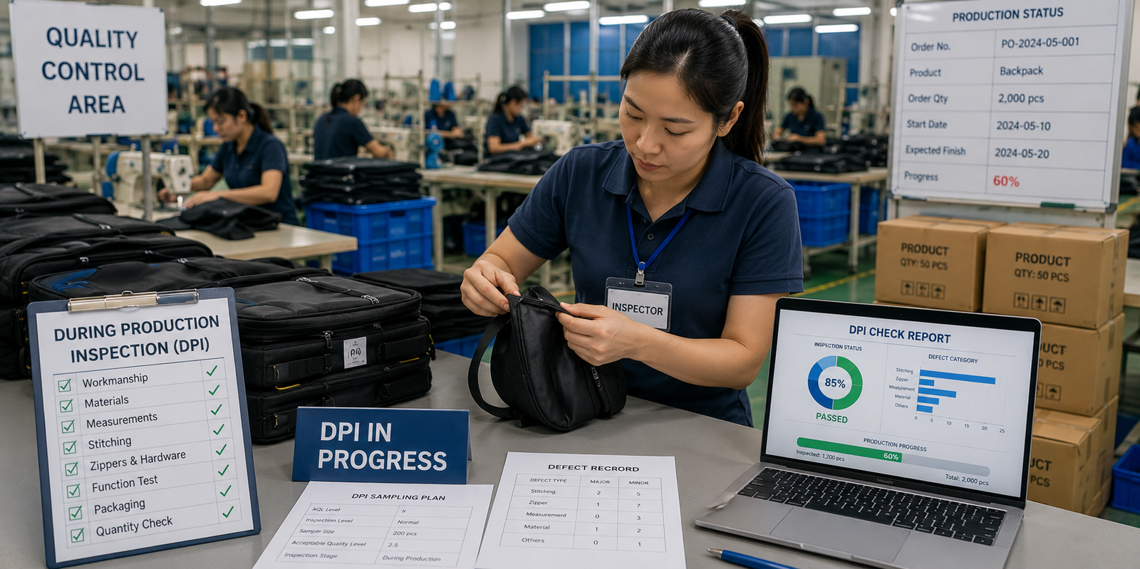 During Production Inspection (DPI) being performed on products during manufacturing, with quality control inspectors checking workmanship, measurements, production consistency, packaging requirements, and factory quality standards.