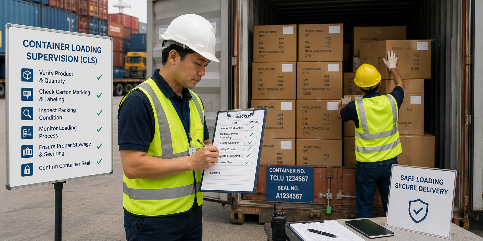 Container Loading Supervision (CLS) inspector monitoring cargo loading into a shipping container, verifying carton quantities, packaging standards, loading procedures, and container condition before international shipment.