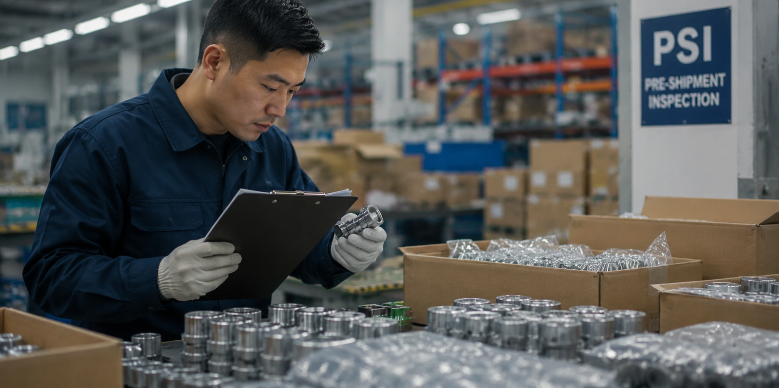Pre-shipment inspection being carried out in a warehouse, with a quality control inspector checking packaged products and recording findings before export.